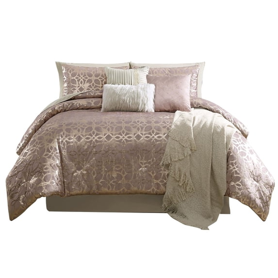 Eve 10 Piece King Size Poly Velvet Comforter Set, Foil Pattern, Blush Pink- Saltoro Sherpi