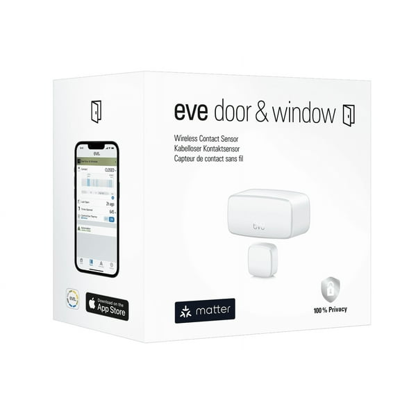 Eve Door & Window (Matter) – Smart contact sensor for doors & windows, open/closed state,  automatic control of accessories, notifications, Thread