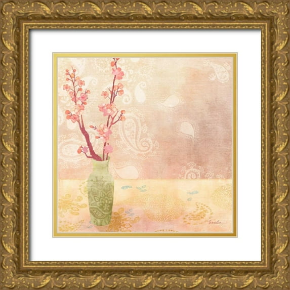 Evelia Designs 15x15 Gold Ornate Wood Framed with Double Matting Museum Art Print Titled - Vase of Cherry Blossoms I