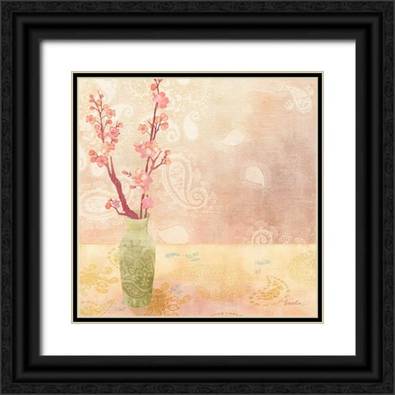 Evelia Designs 26x26 Black Ornate Wood Framed with Double Matting Museum Art Print Titled - Vase of Cherry Blossoms I