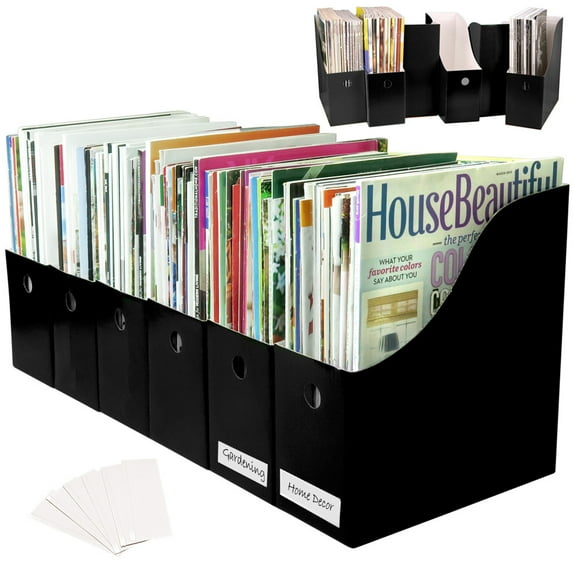 Evelots 12 Pack Magazine File Holder Organizer-4 Inch Wide- Black-With Labels