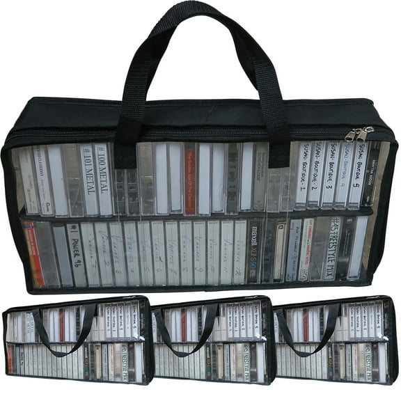 Evelots 4 Pack Cassette Tape Bag-Clear Organizer/Storage-Handles-Easy Carry-No Dust/Moisture-Hold 200 with cases