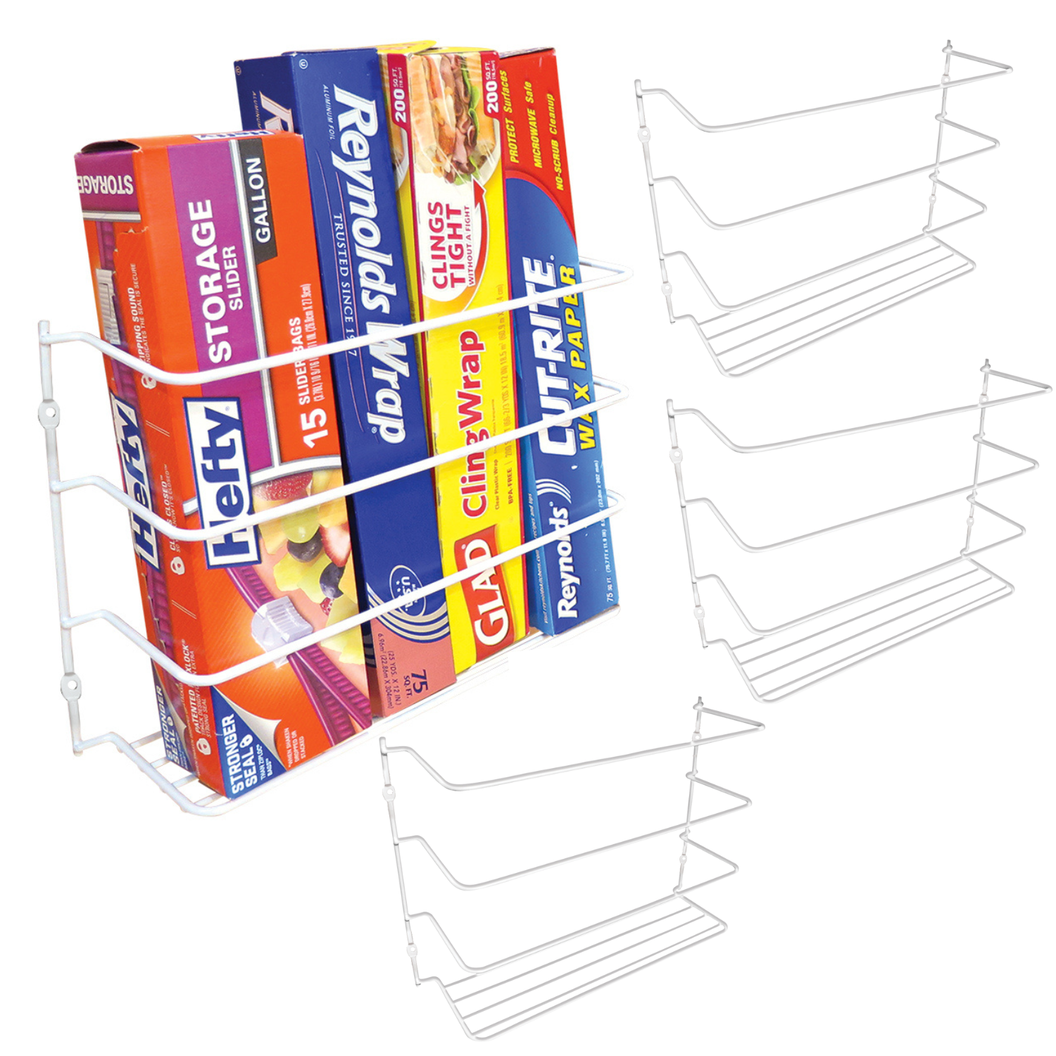 Evelots 4 Pk Plastic and Foil Wrap Organizer on Cabinet Door or Pantry Wall Rack - Sandwich, Freezer, Food Bag Storage Organizer - Bathroom Laundry Supplies, Kitchen Organization and Storage