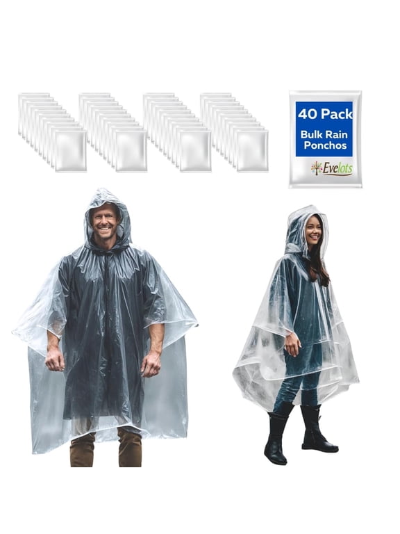 Disposable Raincoats with Hood - 20 or 40 Pack - Unisex Throw Away Ponchos for Adults - Durable Thick Clear Plastic