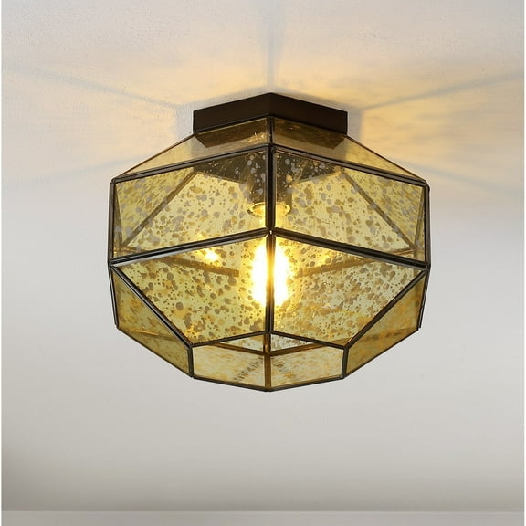 JONATHAN Y Evelyn 12.5" 1-Light Vintage Farmhouse Iron/Glass LED Flush Mount, Oil Rubbed Bronze, JYL9924A