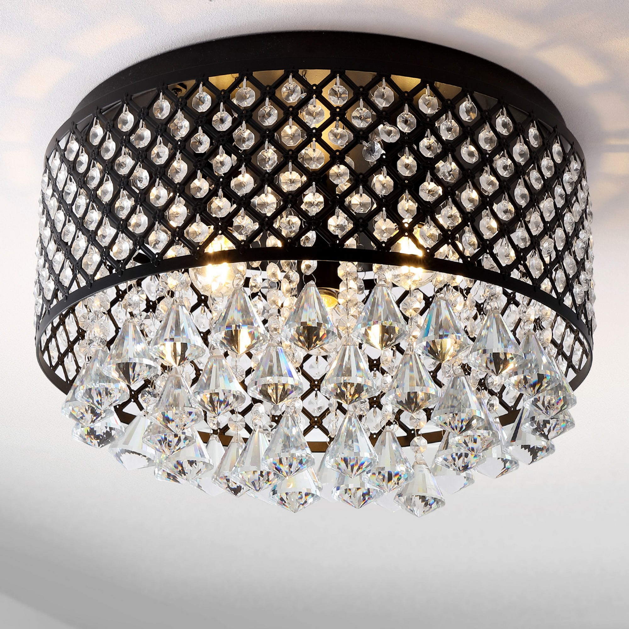 Black Crystal Drum LED Flush Mount Ceiling Light, 17"