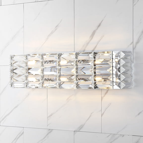 JONATHAN Y Evelyn Crystal Rectangle 24.25" 3-Light Iron/Crystal Glam Modern LED Vanity Light, Chrome