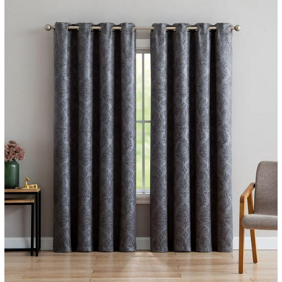 Evelyn Embossed Thermal Grommet Blackout Curtain Room Darkening, Noise Reduction Fabric Blocks 97% of Sunlight (Panel 54" W x 63" L, Charcoal)
