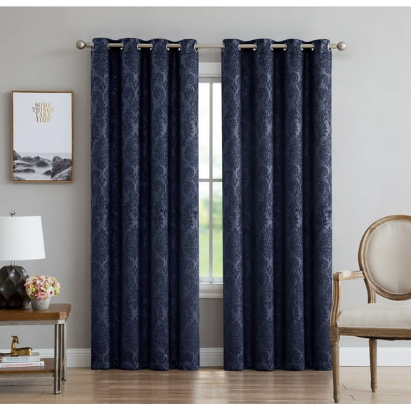 Evelyn Embossed Thermal Grommet Blackout Curtains Room Darkening, Noise Reduction Fabric Blocks 97% of Sunlight (Panel Pair 38" W x 84" L, Navy)