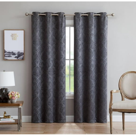 Evelyn Embossed Thermal Grommet Blackout Curtains Room Darkening, Noise Reduction Fabric Blocks 97% of Sunlight (Panel Pair 38" W x 96" L, Charcoal)