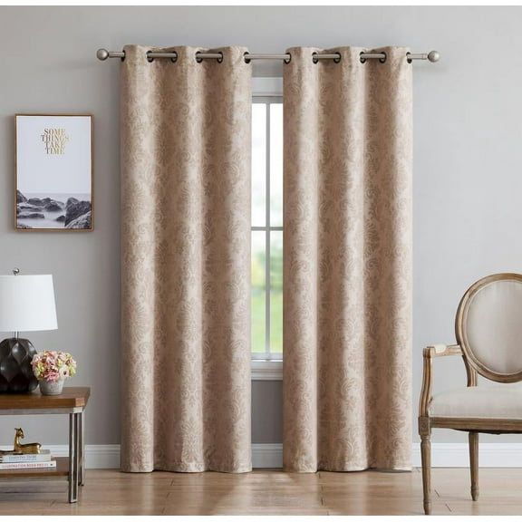 Evelyn Embossed Thermal Grommet Blackout Curtains Room Darkening, Noise Reduction Fabric Blocks 97% of Sunlight (Panel Pair 38" W x 96" L, Taupe)