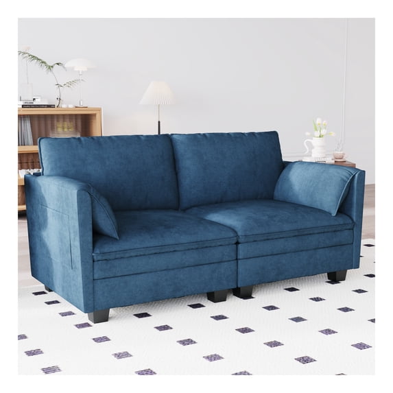 Evelyn Mid Century Modern Fabric Loveseat with Solid Wood Frame, and Side Pocket, Blue