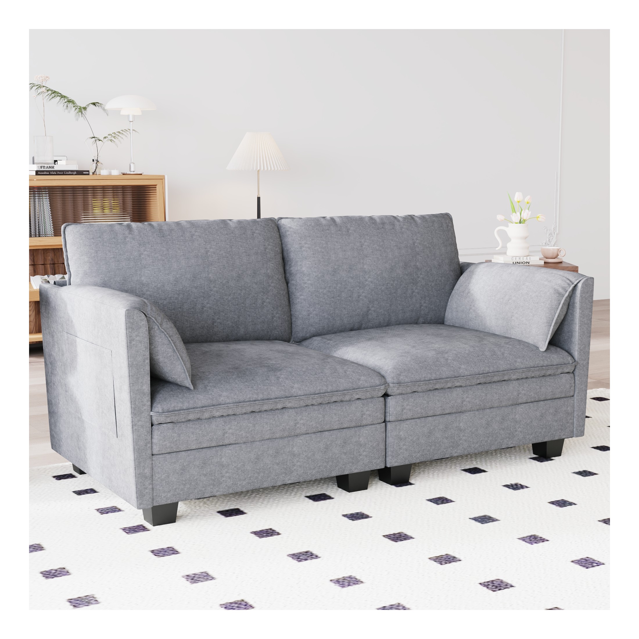 Noble House Evelyn Mid Century Modern Grey Fabric Loveseat with Wood ...