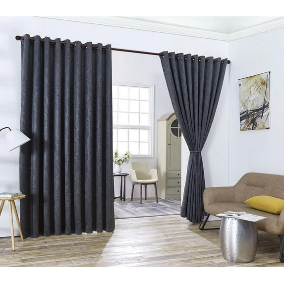 Evelyn - Wall-to-Wall Extra Wide Embossed Blackout Grommet Curtain Panels with 2 Rope Tiebacks - Ideal for Window Decor or Room Divider (2 Panels 108" W x 99" L Each, Charcoal)
