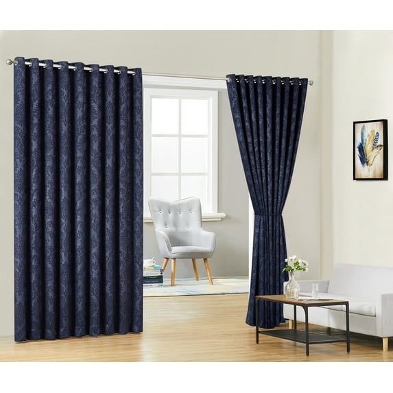 Evelyn - Wall-to-Wall Extra Wide Embossed Blackout Grommet Curtain Panels with 2 Rope Tiebacks - Ideal for Window Decor or Room Divider (2 Panels 108" W x 108" L Each, Navy)