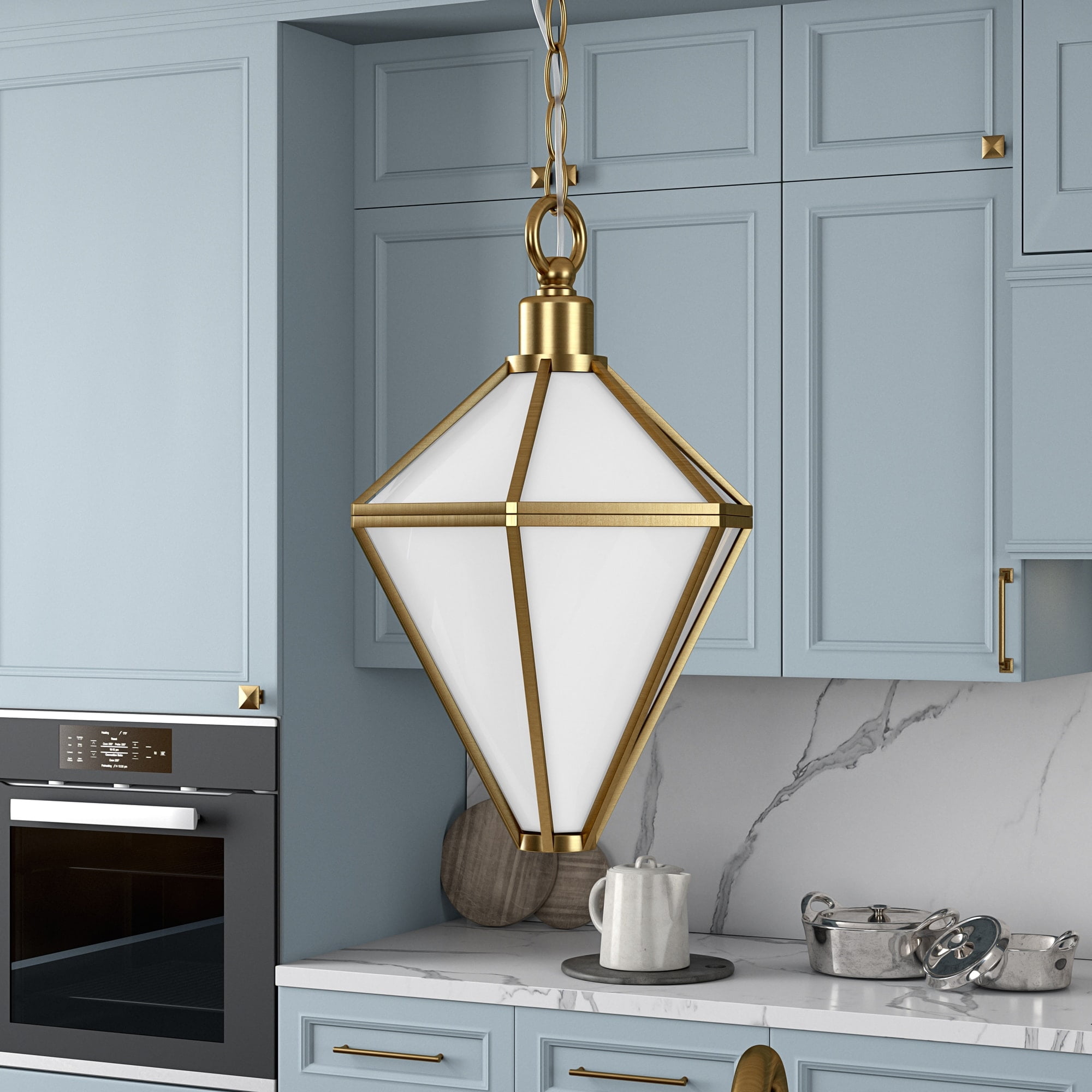 Brushed Brass Geometric Pendant Light with White Glass Shade
