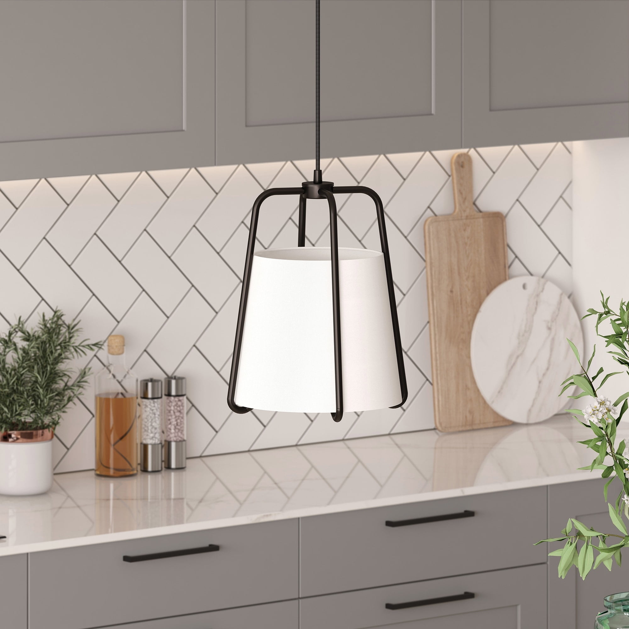 11" Blackened Bronze and White Fabric Drum Pendant Light