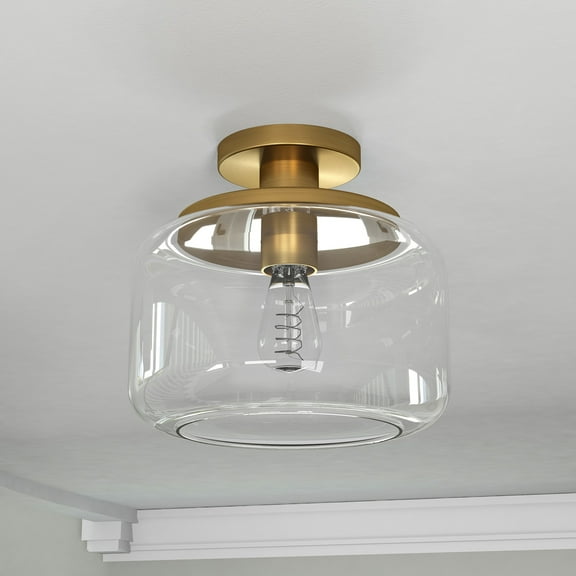 Evelyn&Zoe 11" Brushed Brass Finish Metal/Glass Semi Flush Mount