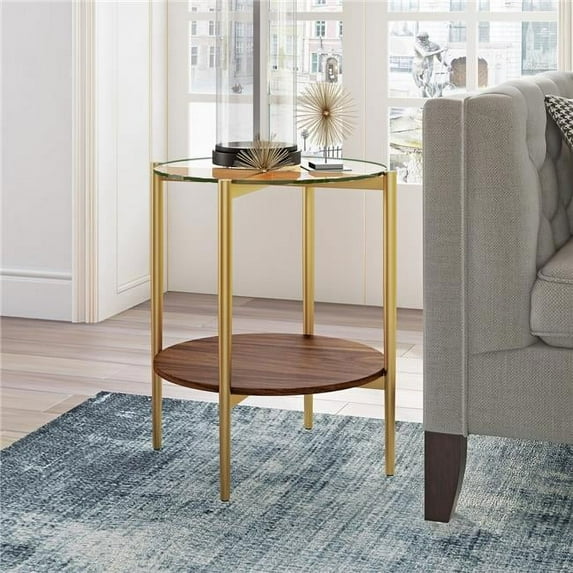 Evelyn&Zoe 20" Gold/Walnut Metal/Glass Side Table