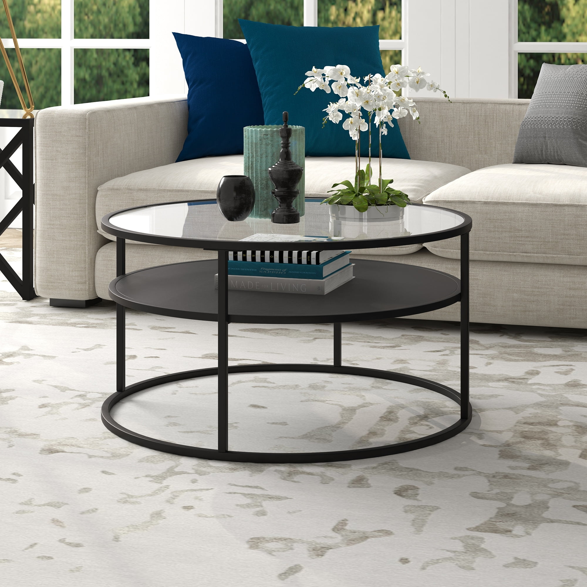 Ada 32" Blackened Bronze Round Coffee Table with Glass Top