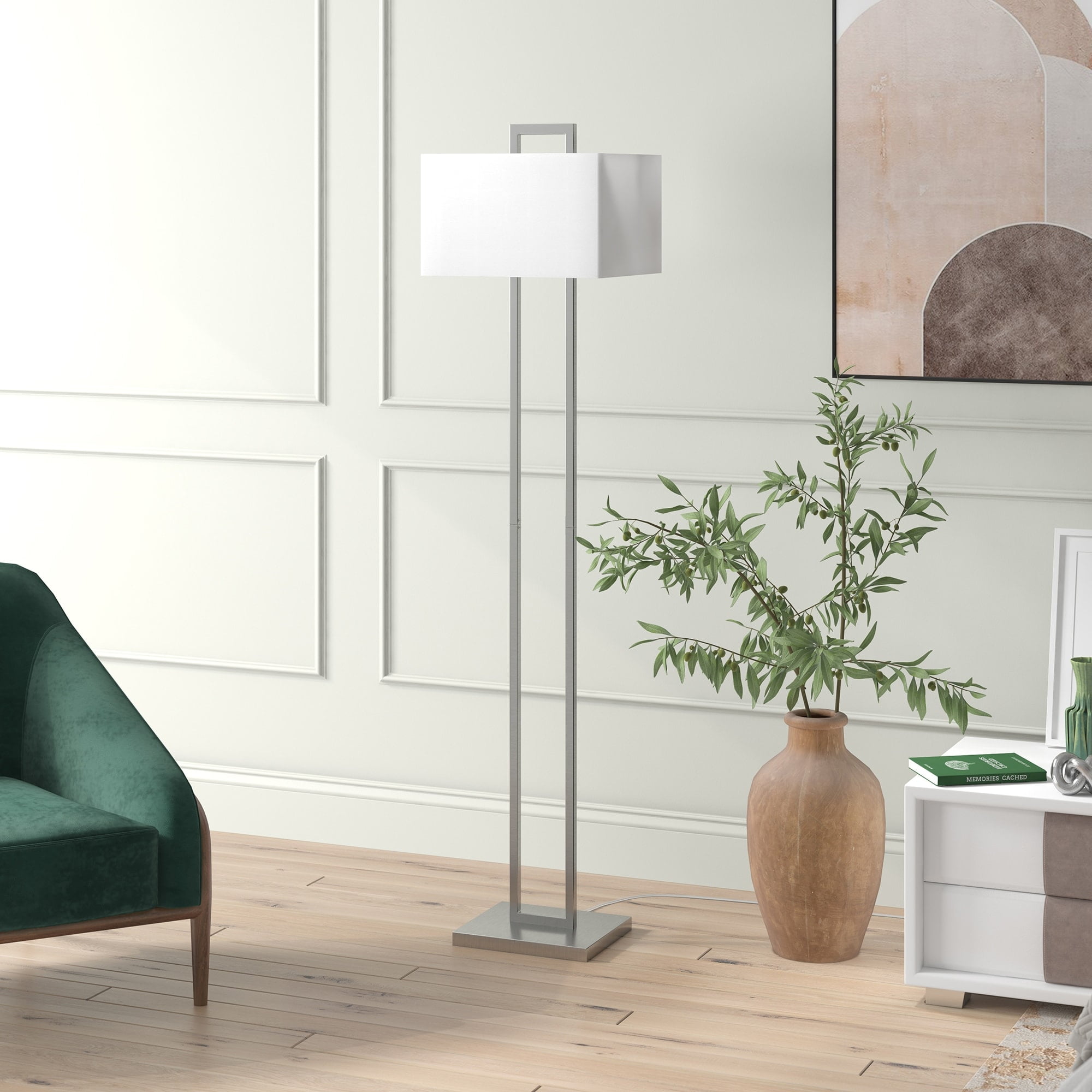 Arc Elegance 68" Tall Brushed Nickel Floor Lamp with White Linen Shade