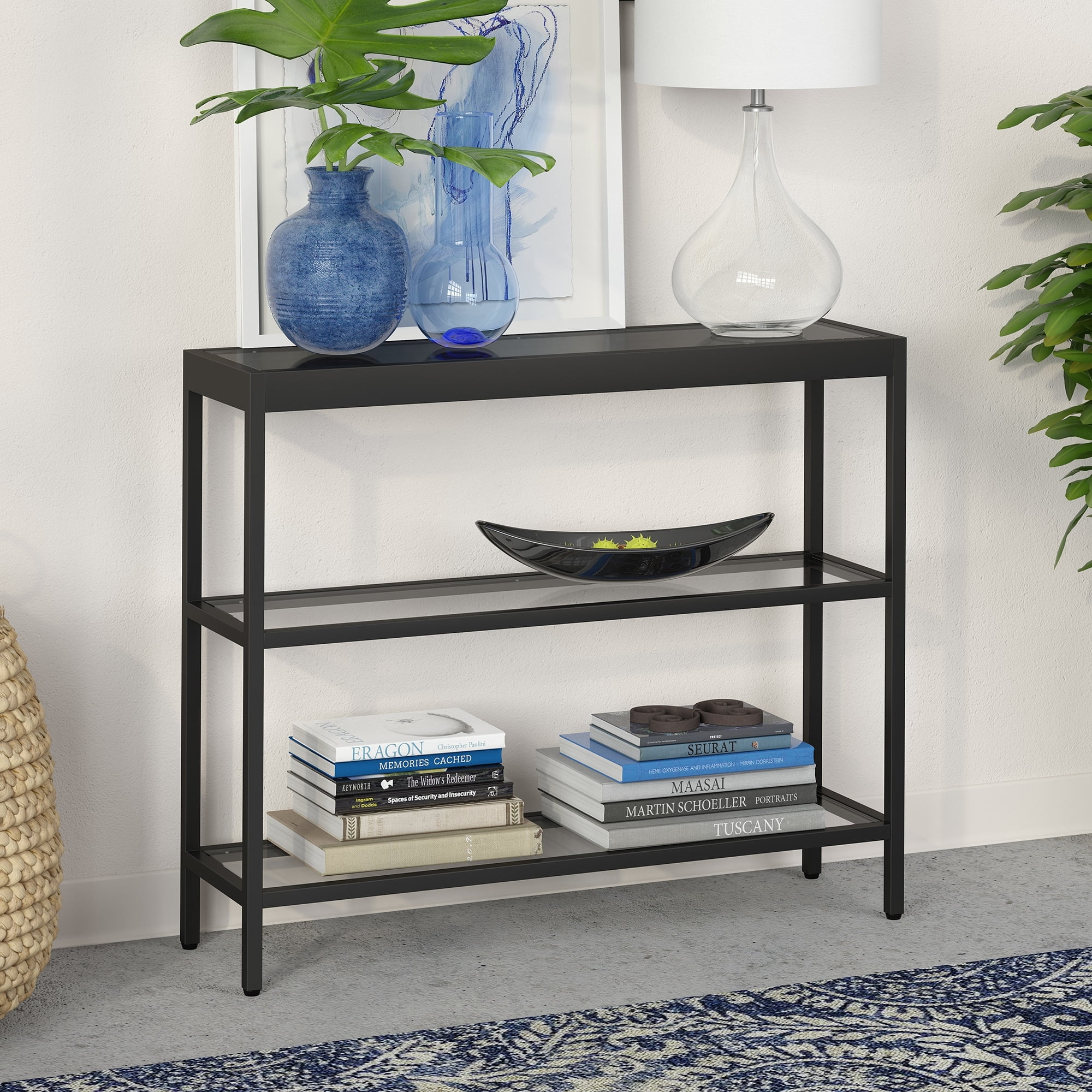 Bronzed Metal & Glass 36" Console Table with Storage Shelves
