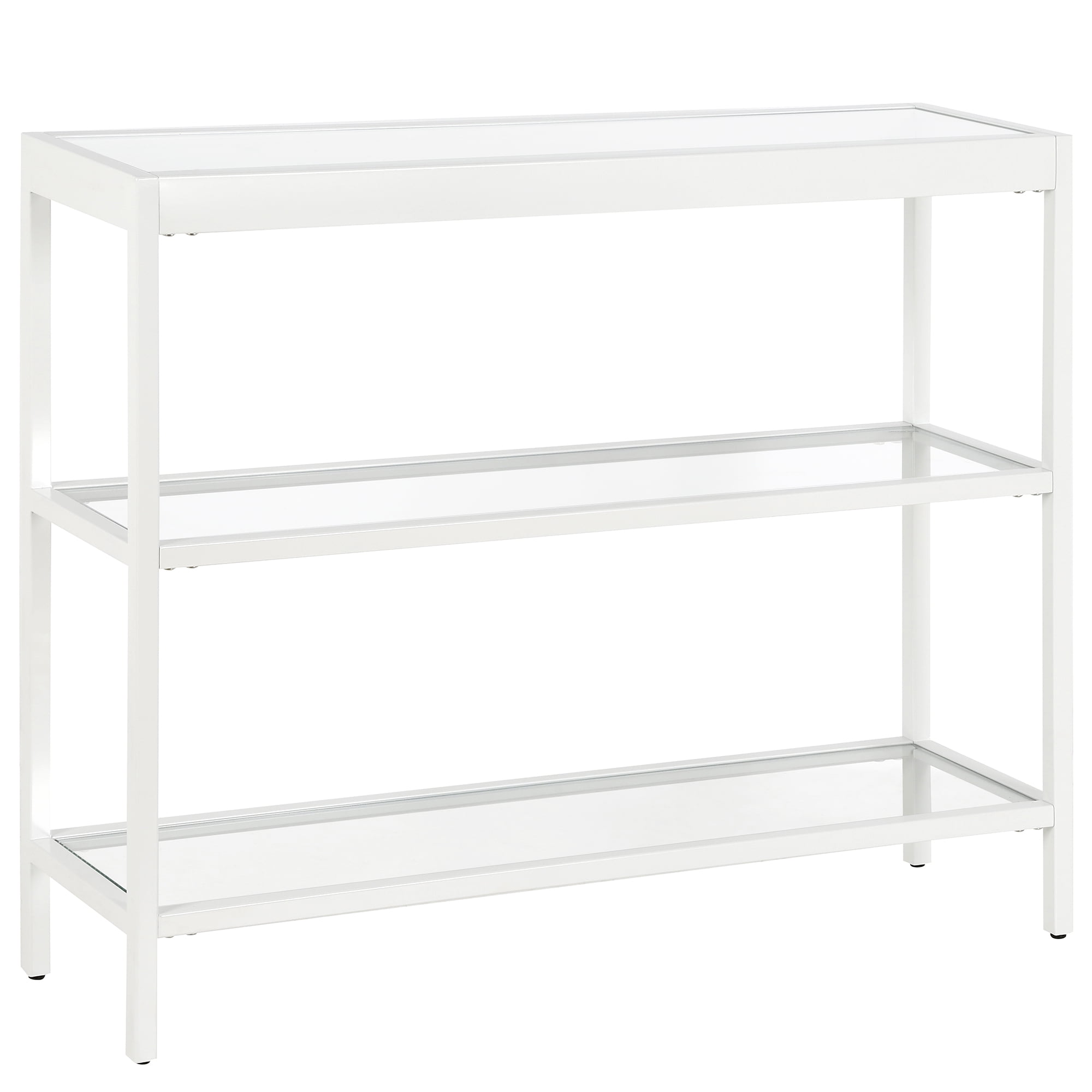 Streamlined White Metallic 36" Console Table with Tempered Glass Shelves