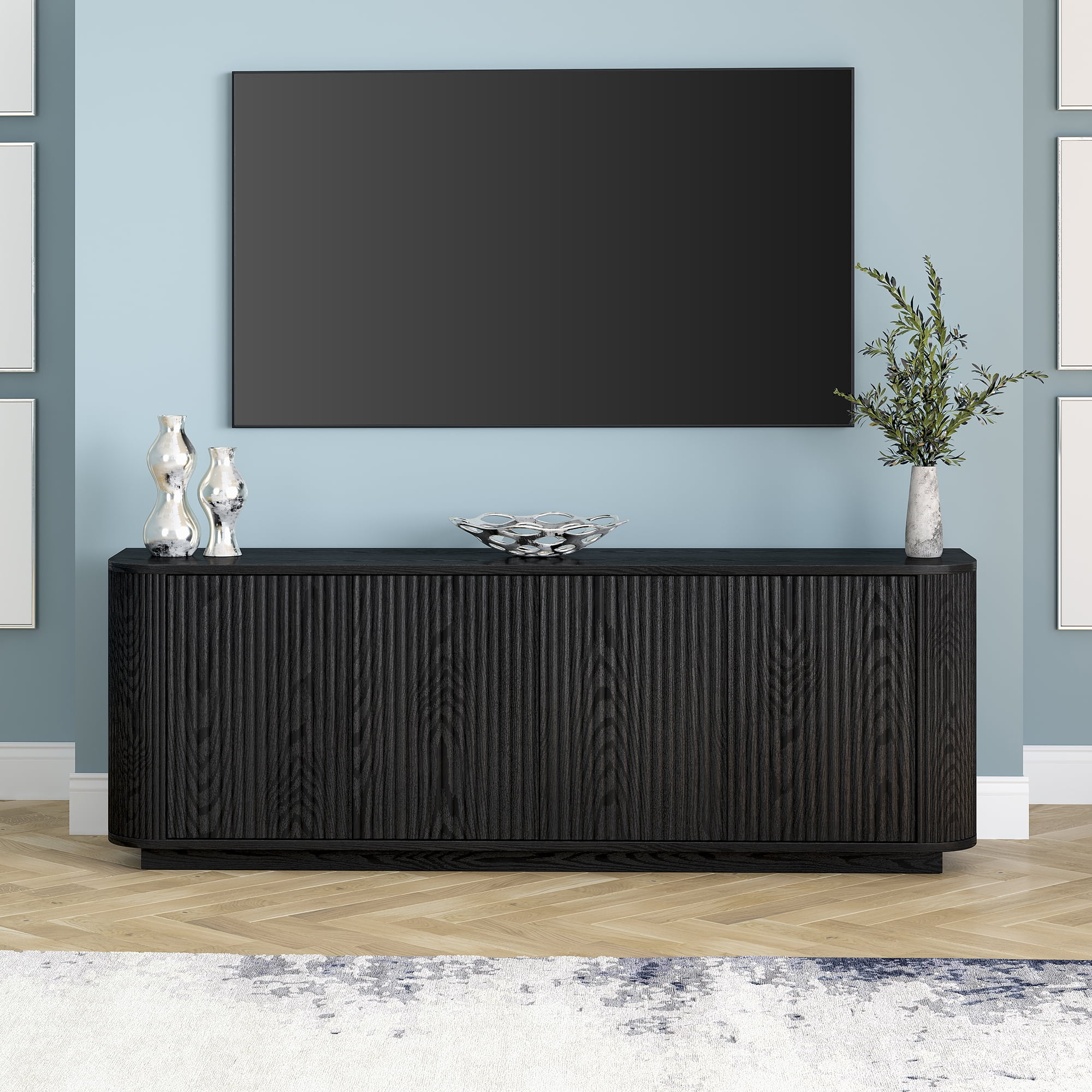 Black Grain Fluted 68" TV Stand with Cabinet
