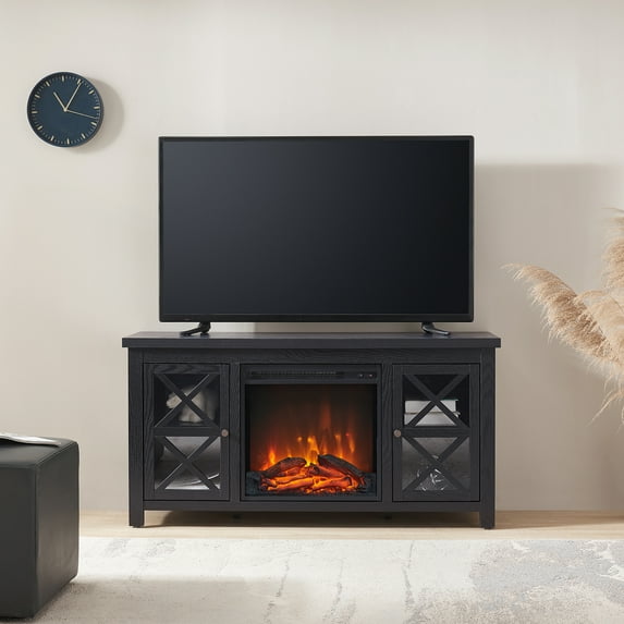 Evelyn&Zoe Colton Rectangular TV Stand with Log Fireplace for TV's up to 55", Black