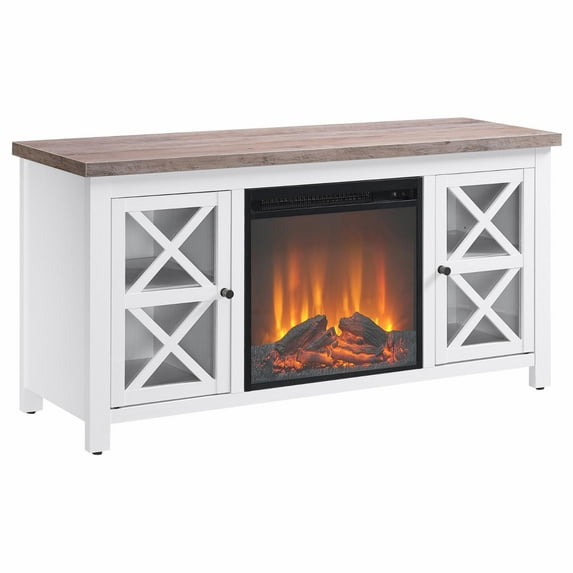 Evelyn&Zoe Colton Rectangular TV Stand with Log Fireplace for TV's up to 55", White/Gray Oak