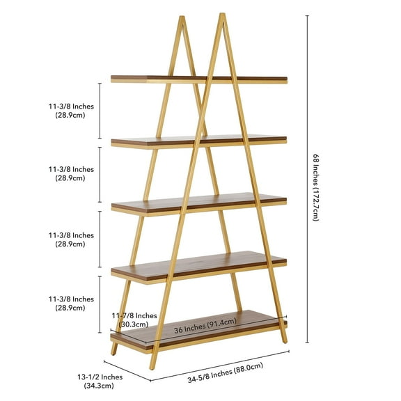 Evelyn&Zoe Conry 68" Tall A-Frame Bookcase, Gold/Walnut