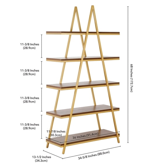 Evelyn&Zoe Conry 68" Tall A-Frame Bookcase, Gold/Walnut