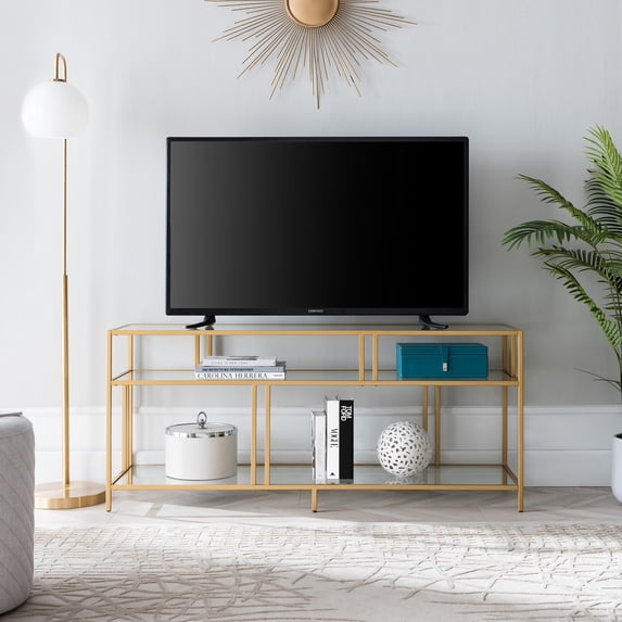 Evelyn&Zoe Cortland Rectangular TV Stand with Glass Shelves for TV's up to 60", Brass