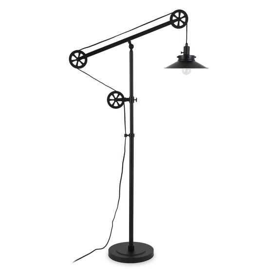 Evelyn&Zoe Descartes Wide Brim/Pulley System Floor Lamp with Metal Shade in Blackened Bronze/Blackened Bronze
