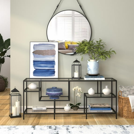 Evelyn&Zoe Deveraux Rectangular TV Stand with Glass Shelves for TV's up to 65", Brass