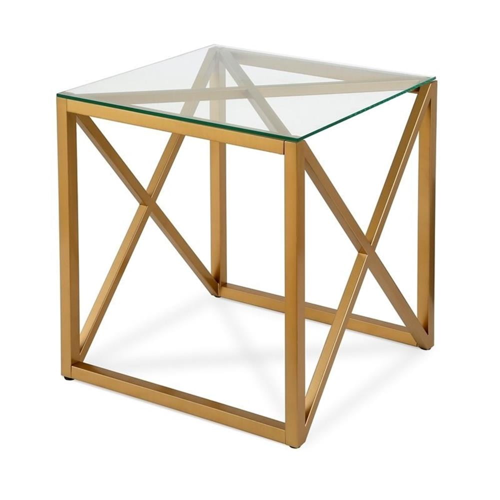 Gold Steel X-Base Square Glass Side Table