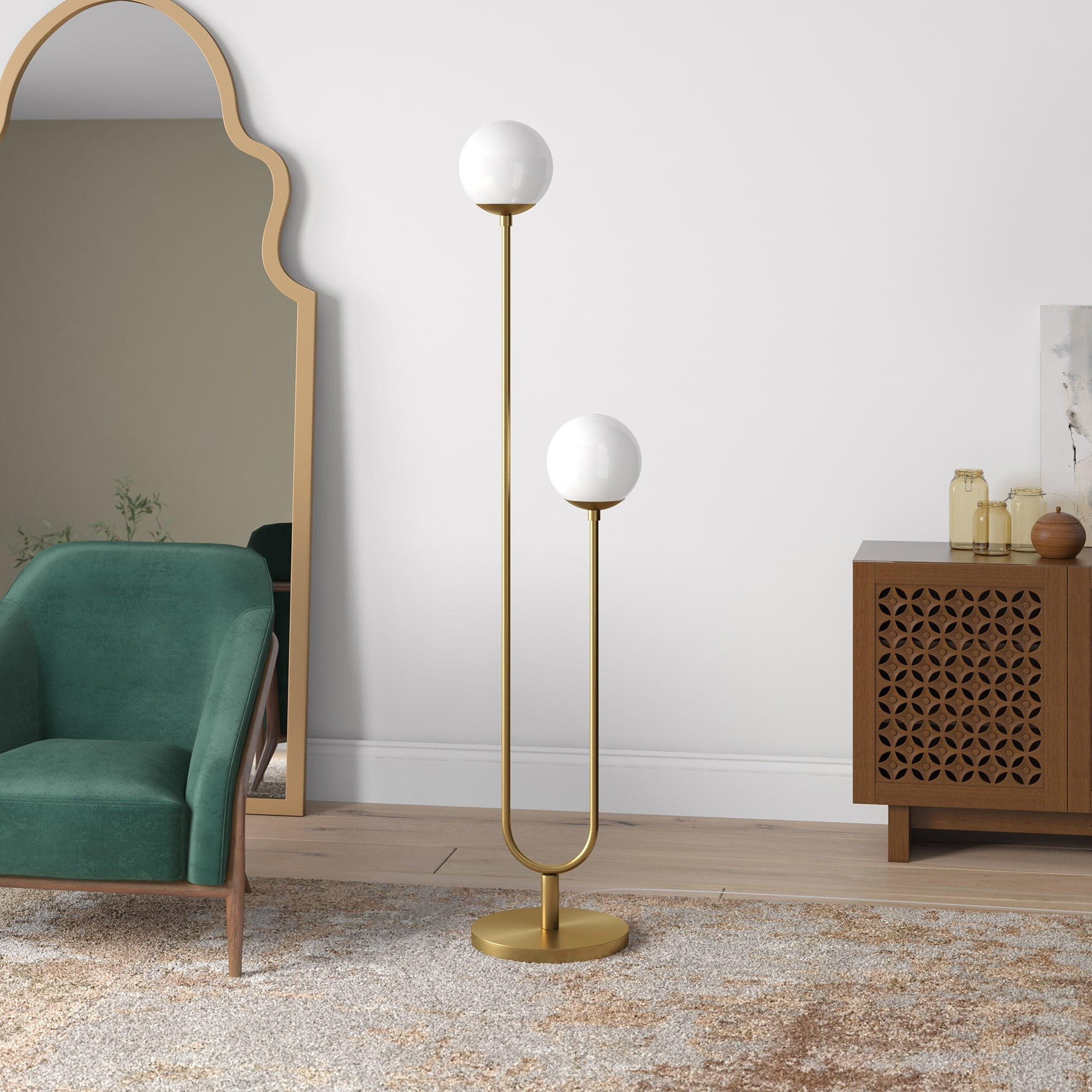Evelyn&Zoe Dufrene 2-Light Floor Lamp with Glass Shades, Brass/White Milk