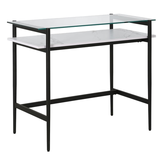 Evelyn&Zoe Eaton Rectangular 36" Wide Desk with Faux Marble Shelf in Blackened Bronze/Faux Marble