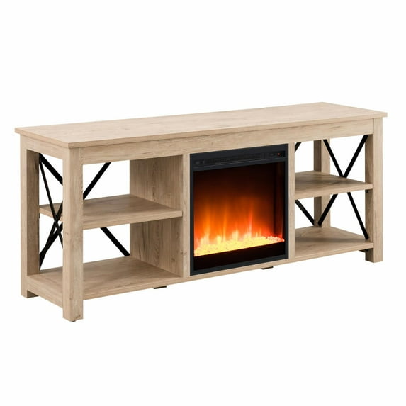 Evelyn&Zoe Sawyer Rectangular TV Stand with Crystal Fireplace for TV's up to 65" in White Oak