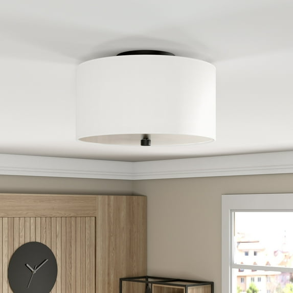 Evelyn&Zoe Ellis 12" Flush Mount with Fabric Shade in Matte Black/White