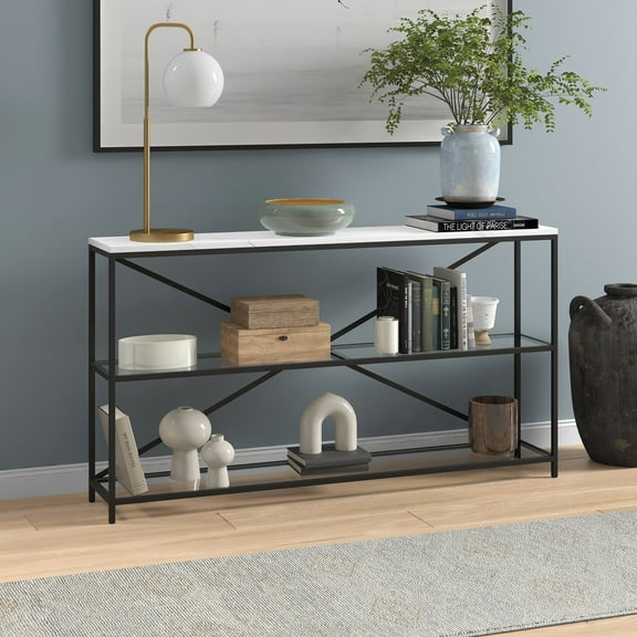 Evelyn&Zoe Fionn 55" Wide Rectangular Console Table with Faux Marble Top, Blackened Bronze