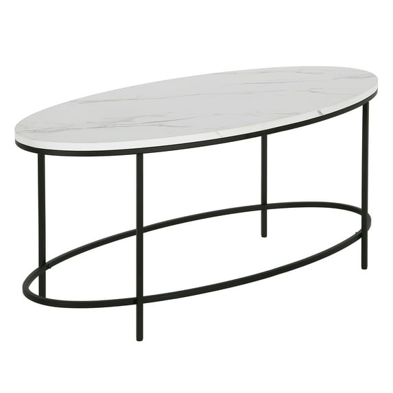 Evelyn&Zoe Francesca 42" Wide Oval Coffee Table with Faux Marble Top, Blackened Bronze/Faux Marble