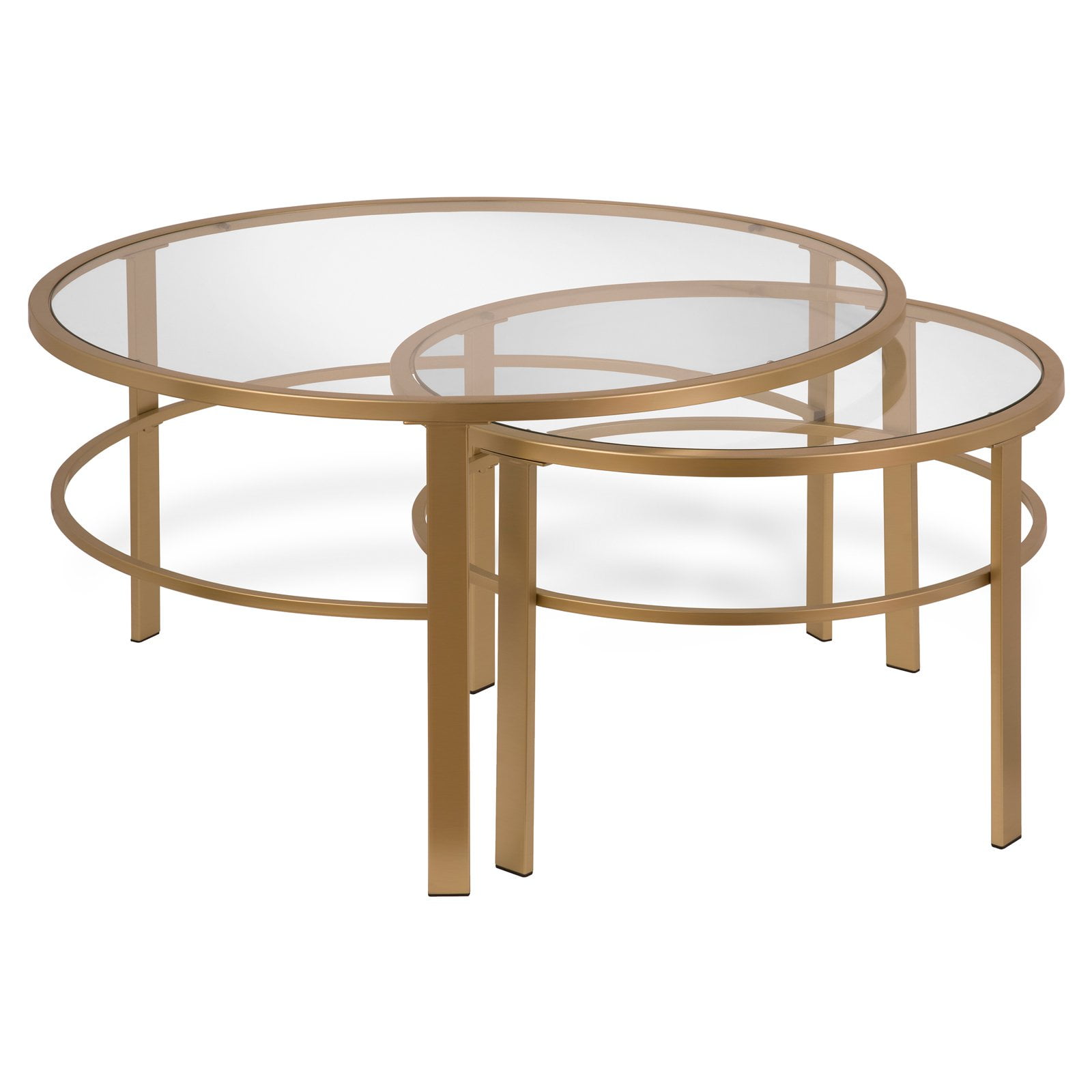Evelyn zoe Gaia Contemporary Round Nested Coffee Tables with Tempered Glass Top Steel Frames Brass Finish Set of 2