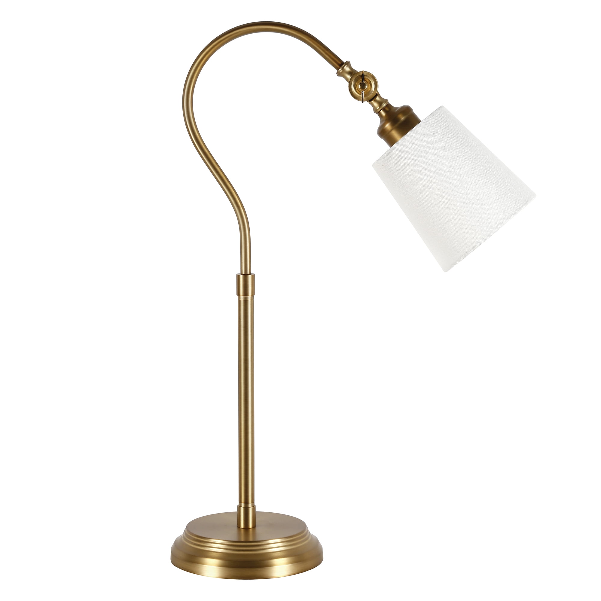 Evelyn&Zoe Harland 25" Tall Arc Table Lamp with Fabric Shade, Brushed Brass/White
