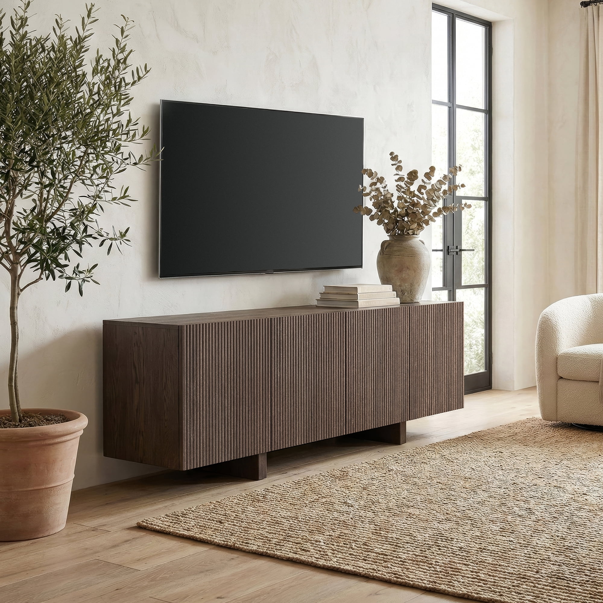 Evelyn&Zoe Harold Rectangular Fluted TV Stand for TV's up to 75" in Brown Oak