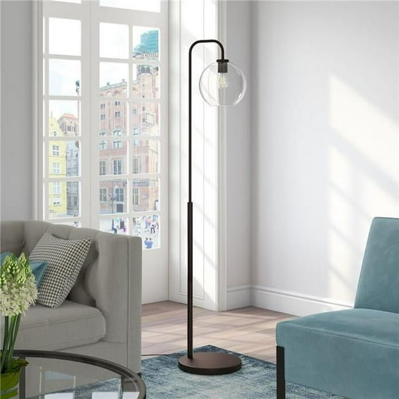 Evelyn&Zoe Harrison Arc Floor Lamp with Glass Shade, Blackened Bronze/Clear