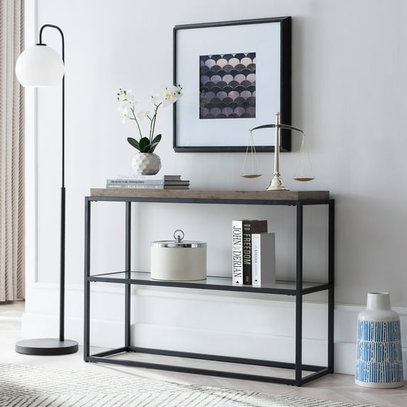 Evelyn&Zoe Hector 42" Wide Rectangular Console Table, Blackened Bronze/Gray Oak