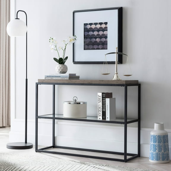 Evelyn&Zoe Hector 42" Wide Rectangular Console Table, Blackened Bronze/Gray Oak