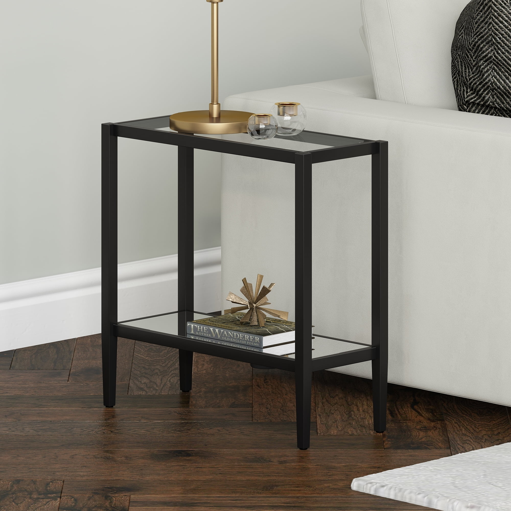 Blackened Bronze 24" Rectangular Side Table with Glass Shelf