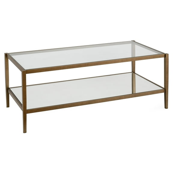 Evelyn&Zoe Hera 45" Wide Rectangular Coffee Table with Mirror Shelf, Brass